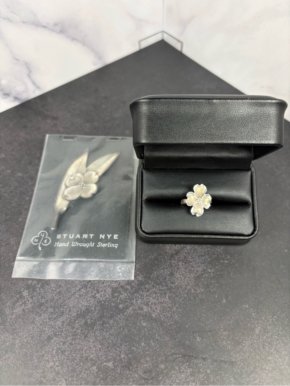 Vintage Stuart Nye Sterling Silver Dogwood Flower Brooch & Adjustable Ring Set